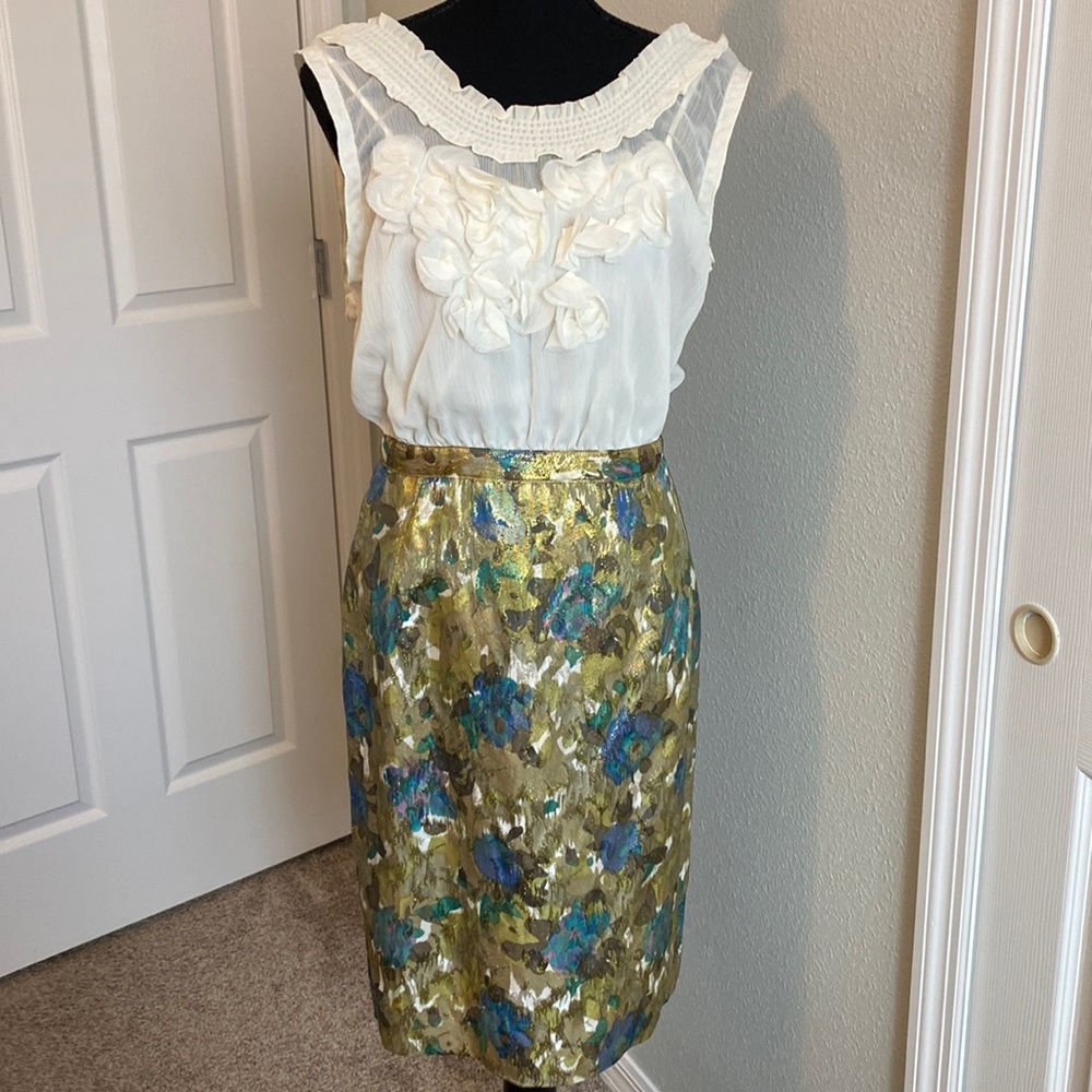 Anthropologie Cream Blouse with Gold Floral Metallic Midi Skirt